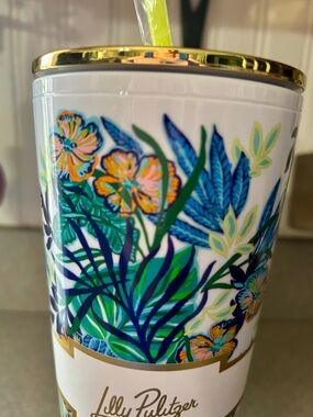 Lilly Pulitzer White Tumbler with Blue, Green & Gold Floral Design